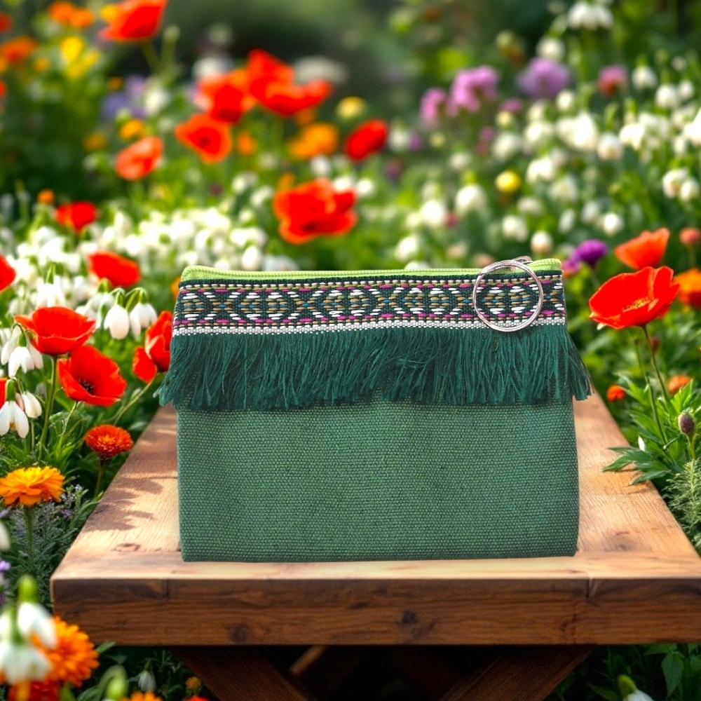 Embroidered Fringe Zippered Clutch with Key Ring - Green